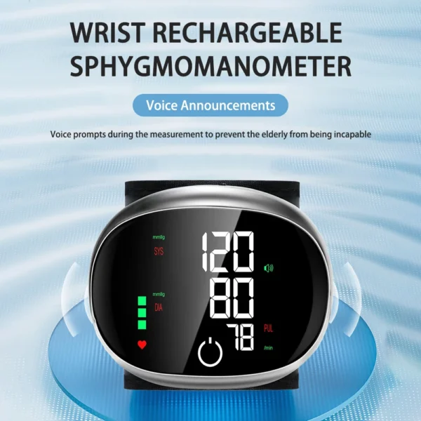 Digital Wrist Blood Pressure Meter Automatic Voice Tonometer Heart Rate Monitor Smart Touch LCD Screen Charge Sphygmomanometer