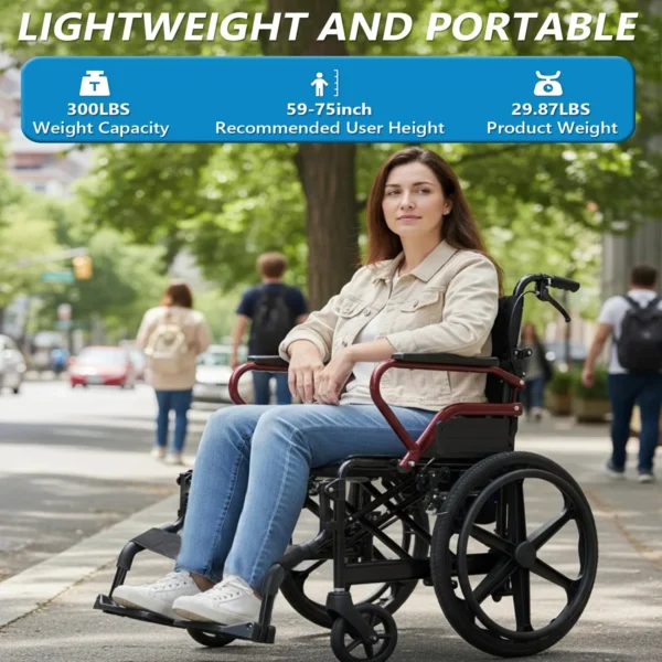 18“Large wheels Wheelchair with Hand Brake Lightweight Foldable Wheelchair for Elderly, Durable Home & Outdoor Patient